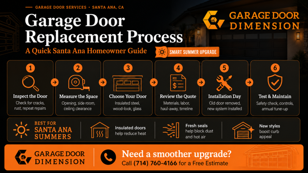 Garage Door Dimension infographic outlining the Santa Ana garage door replacement process, including inspecting the door, measuring the space, choosing a new door, reviewing the quote, installation day, and final safety testing