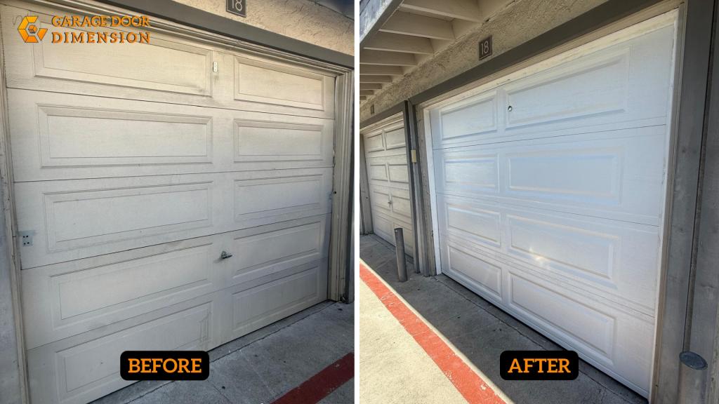 Garage Door Dimension before-and-after photo showing visible garage door replacement signs, including a worn old door and a newly replaced white garage door