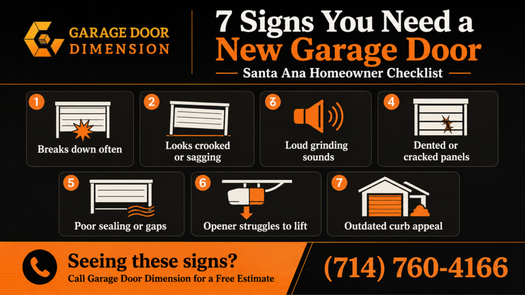 Garage Door Dimension infographic listing seven signs you may need a new garage door, including frequent breakdowns, crooked movement, grinding sounds, damaged panels, gaps, opener strain, and outdated curb appeal
