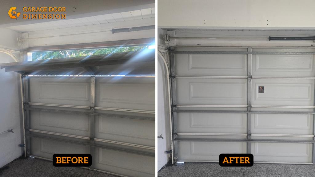 Before-and-after garage door repair showing a misaligned residential garage door restored to a closed, even position