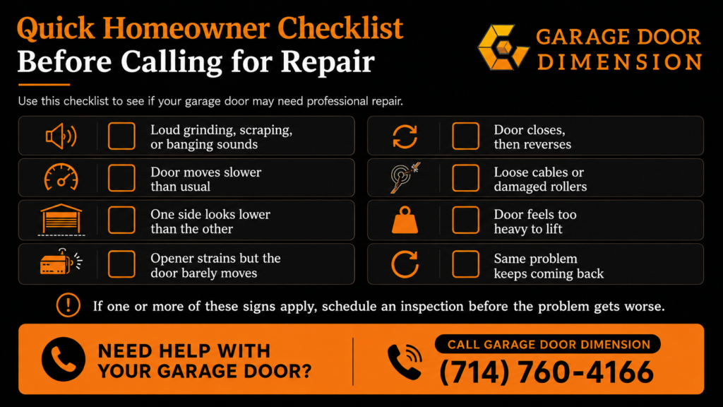 Infographic showing a garage door repair checklist with warning signs such as loud noises, slow movement, reversing, loose cables, and a heavy door