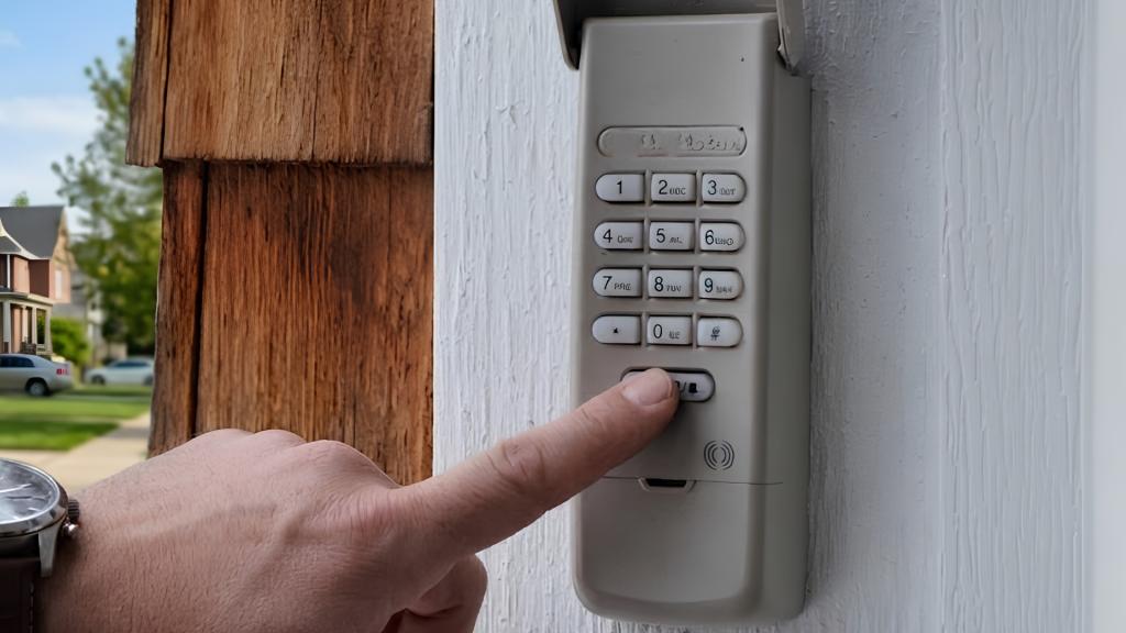 Garage door keypad being tested by a Santa Ana homeowner to check access settings before scheduling garage door repair serviceing a technician inspecting a garage door component