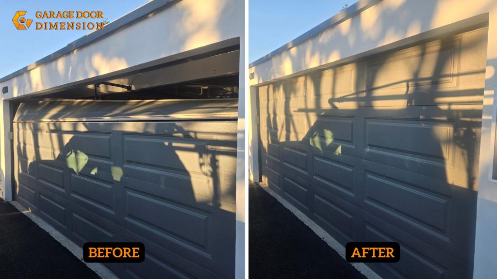 Before and after garage door repair showing a damaged gray sectional door restored to proper alignment