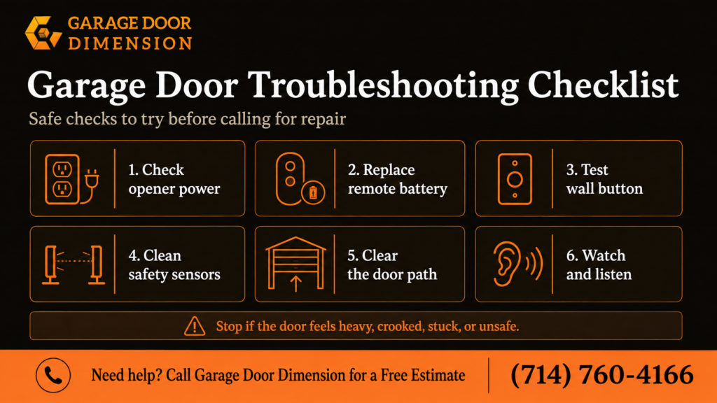 Garage door troubleshooting guide by Garage Door Dimension featuring six safety checks homeowners can try before scheduling garage door repair