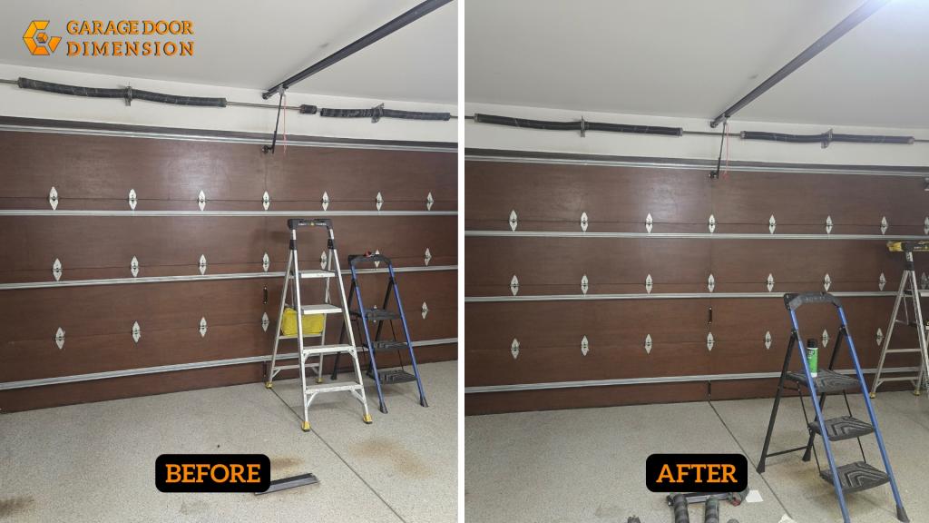 Garage door repair before and after image showing a residential garage door service completed by Garage Door Dimension, with the torsion spring system inspected and repaired