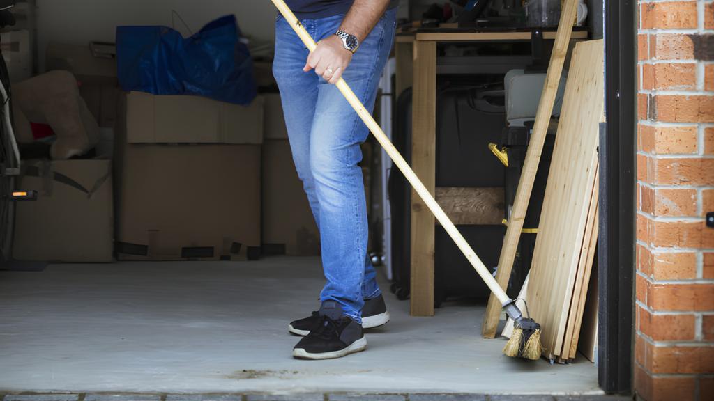Santa Ana homeowner cleaning a garage floor as part of routine garage door roller care and maintenance