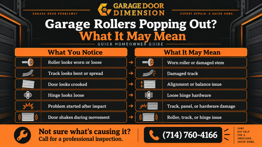 Garage rollers popping out infographic showing common causes including worn rollers, damaged tracks, crooked doors, loose hinges, and impact damage