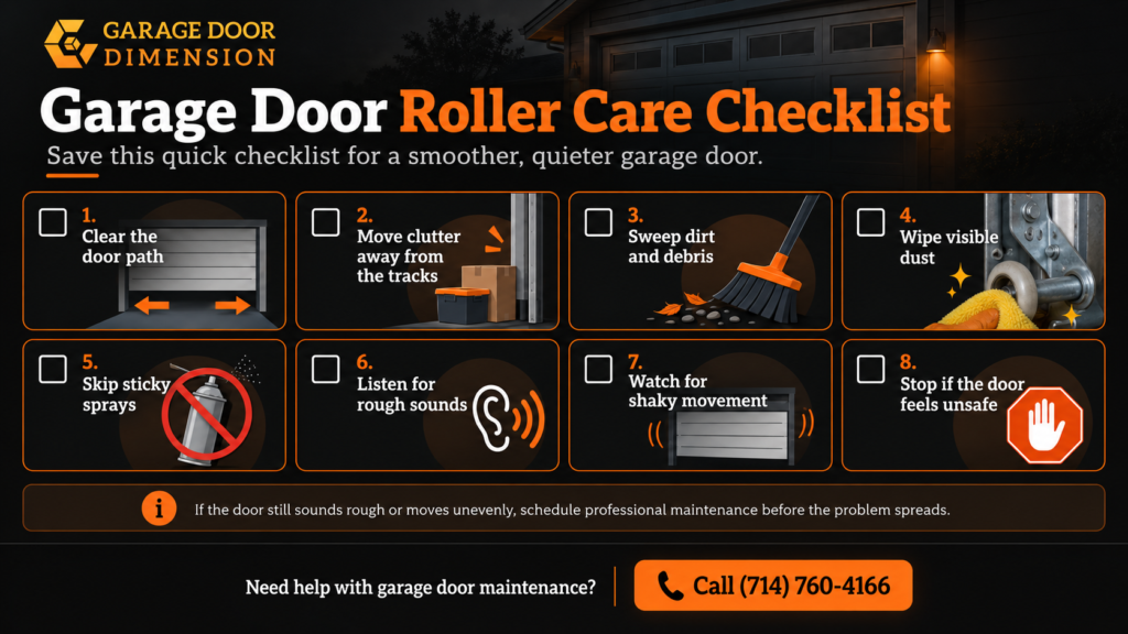 Garage door roller care checklist for Santa Ana homeowners showing steps to clear the door path, clean tracks, remove dust, avoid sticky sprays, and watch for rough or uneven movement