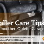 Garage door roller care guide by Garage Door Dimension featuring seven tips for smoother and quieter garage door operation