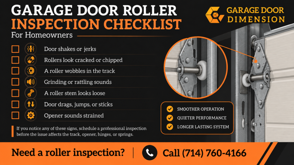 Garage door roller inspection checklist showing signs of worn rollers, including shaking, wobbling, cracking, grinding sounds, and loose roller stems