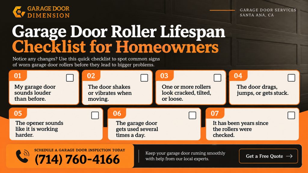 Homeowner checklist by Garage Door Dimension for checking garage door rollers for cracks, looseness, noise, vibration, and rough door operation