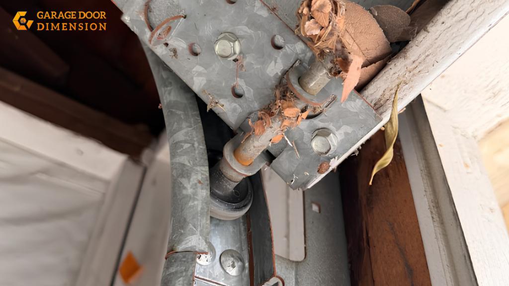 Close-up of a worn garage door roller and hinge assembly in Santa Ana showing rust, debris, and visible hardware wear