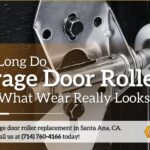 Garage door roller lifespan guide by Garage Door Dimension showing a close-up of garage door rollers and signs of roller wear, with replacement information for Santa Ana homeowners
