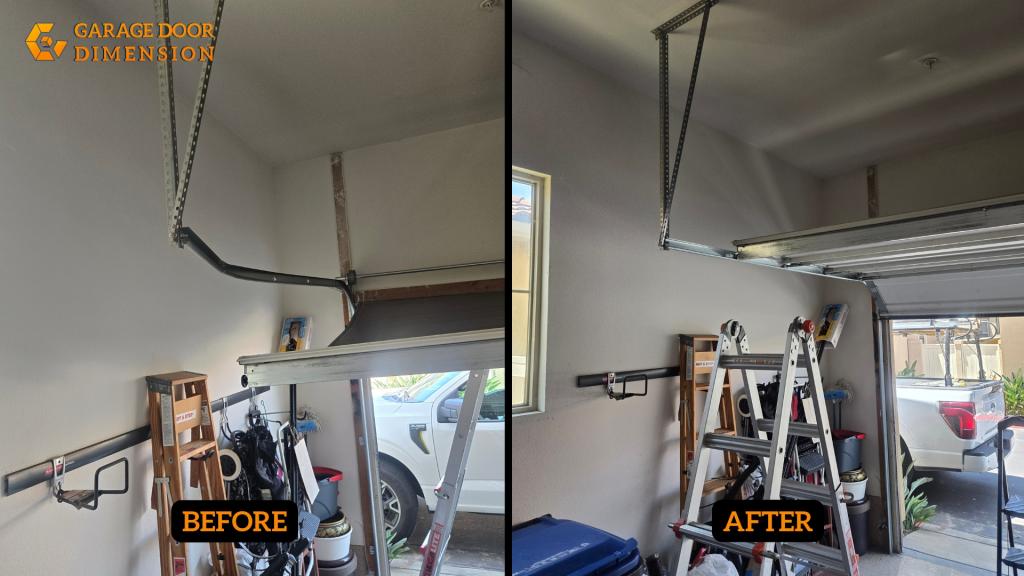 Before-and-after photos of a garage door roller repair by Garage Door Dimension showing improved door hardware and track alignment.