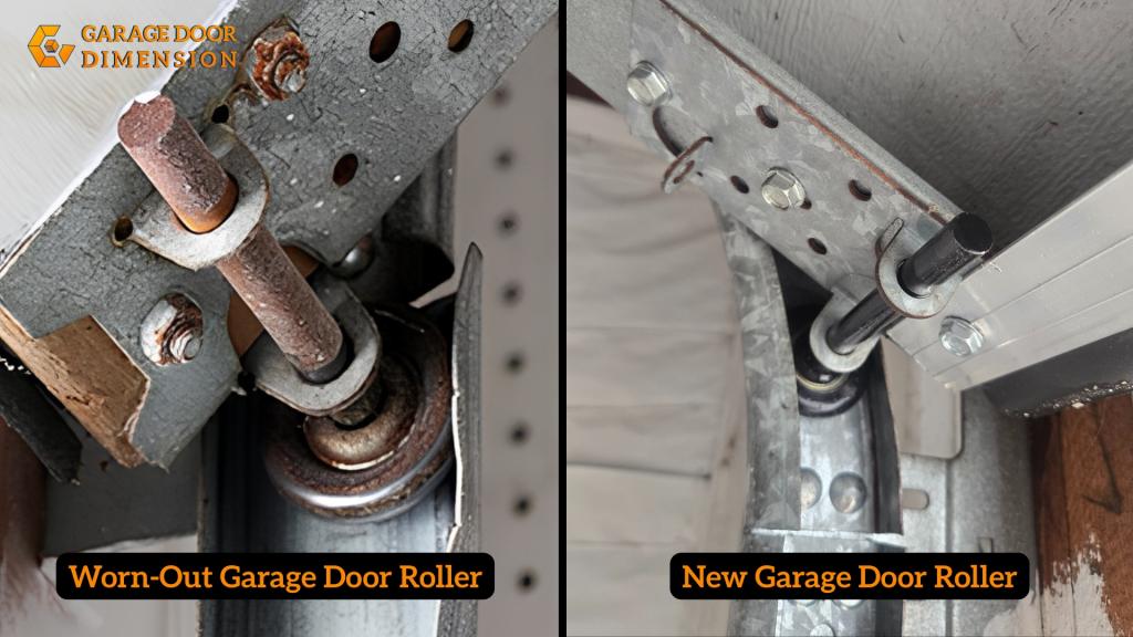 Side-by-side comparison of a worn-out garage door roller with rust and a new garage door roller installed on the track