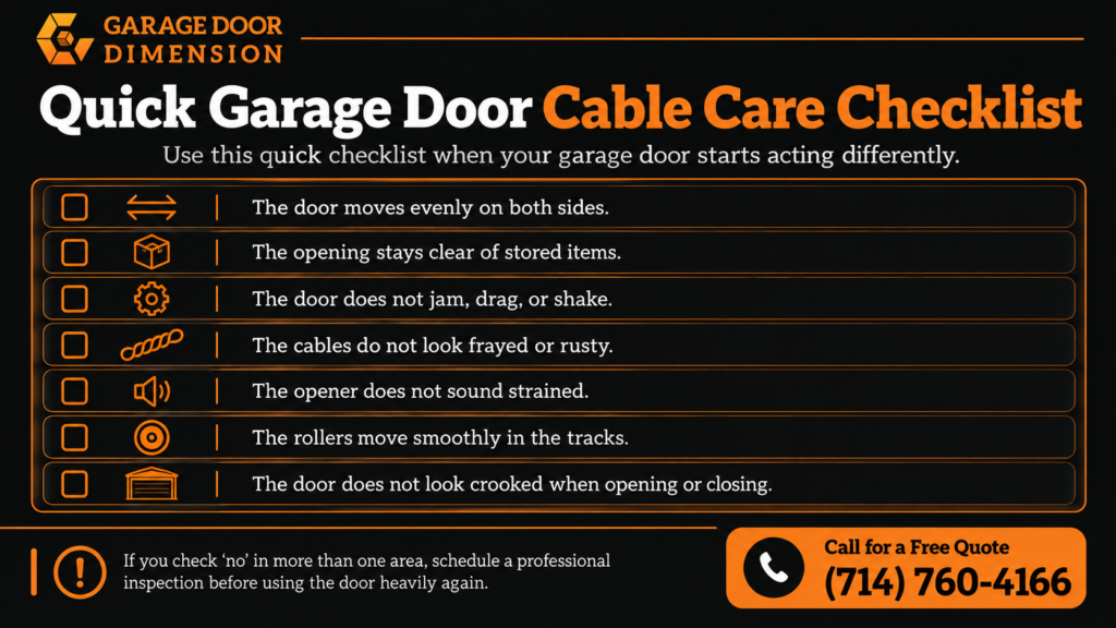 Garage door cable care checklist by Garage Door Dimension showing signs Santa Ana homeowners can check to reduce strain and spot cable problems early