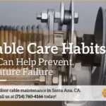 Garage door cable care guide by Garage Door Dimension showing a cable drum and lifting cable to help prevent premature failure