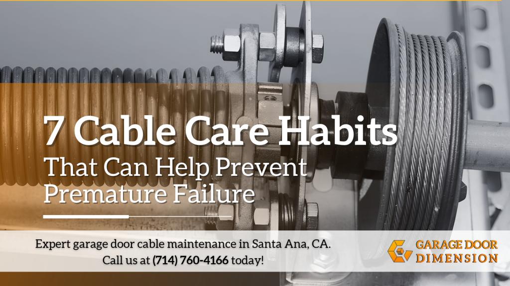 Garage door cable care guide by Garage Door Dimension showing a cable drum and lifting cable to help prevent premature failure