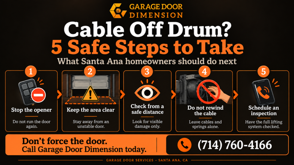 Infographic showing five safe steps when a garage door cable comes off the drum: stop the opener, stay clear, check for damage, avoid rewinding the cable, and schedule an inspection