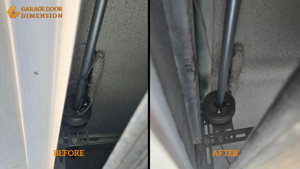 Garage door cable off drum before and after repair, showing the cable repositioned on the drum