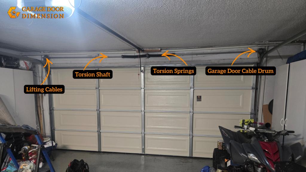 Garage door cable system diagram showing cable drums, lifting cables, torsion shaft, and springs