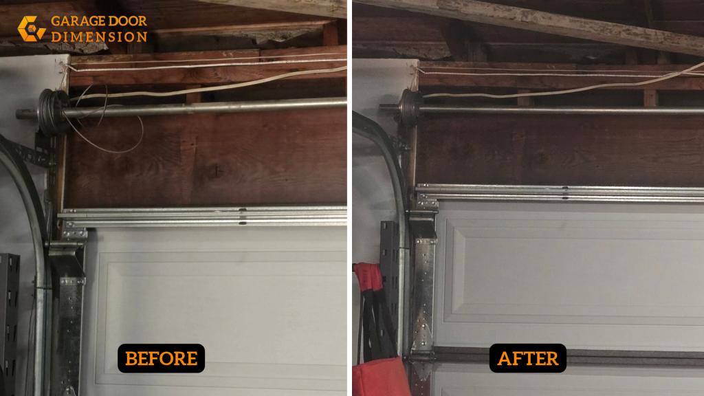 Before and after photos showing garage door cables and springs after repair by Garage Door Dimension