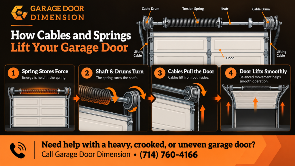 Four-step diagram showing how garage door cables and springs work together through the shaft, cable drums, and lifting cables to raise the door